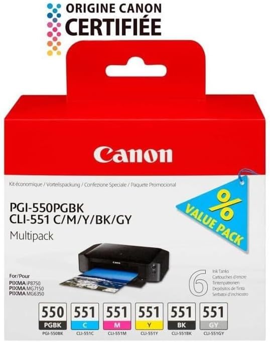 Canon PGI-550 / CLI-551 PGBK/C/M/Y/BK/GY Druckertinte - Multipack mit 6 Tinten für PIXMA Tintenstrah