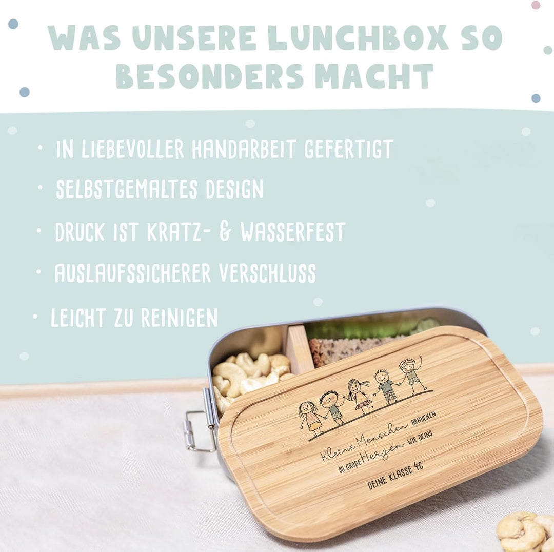 Personalisierte Lunchbox für Erzieherin, Lehrerin mit individueller Gravur - Brotdose mit Bambusdeck