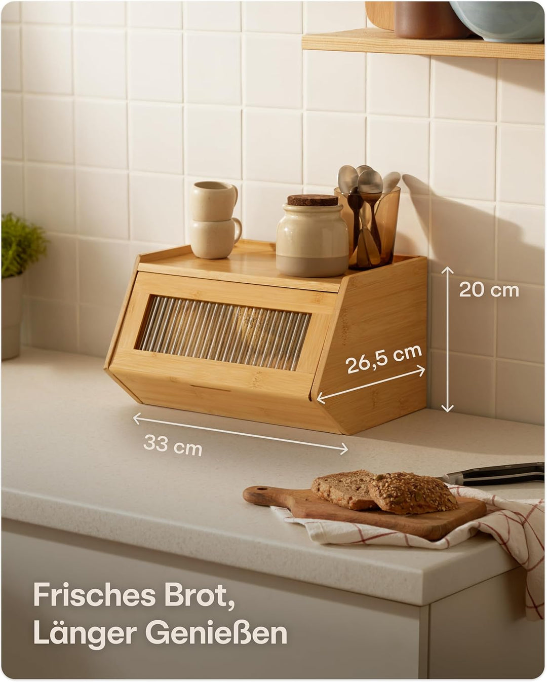 Praknu Brotkasten Holz Klein – 33x26,5cm Brotbox mit zusätzlicher Ablagefläche – Brot Aufbewahrungsb