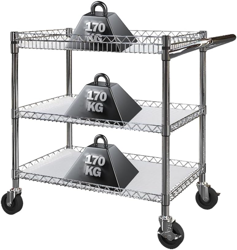 BPT Servierwagen mit Rollen, 3 böden Teewagen, Hotelrestaurant-Küchenwagen (Silber-(500KG)), Silber-