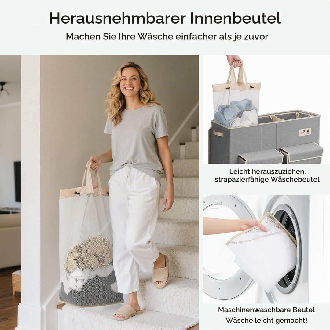 SOLEDI 220L Wäschekorb mit Deckel, Wäschesammler 3 Fächer mit 2 Seitentaschen, Laundr Baskets mit 3
