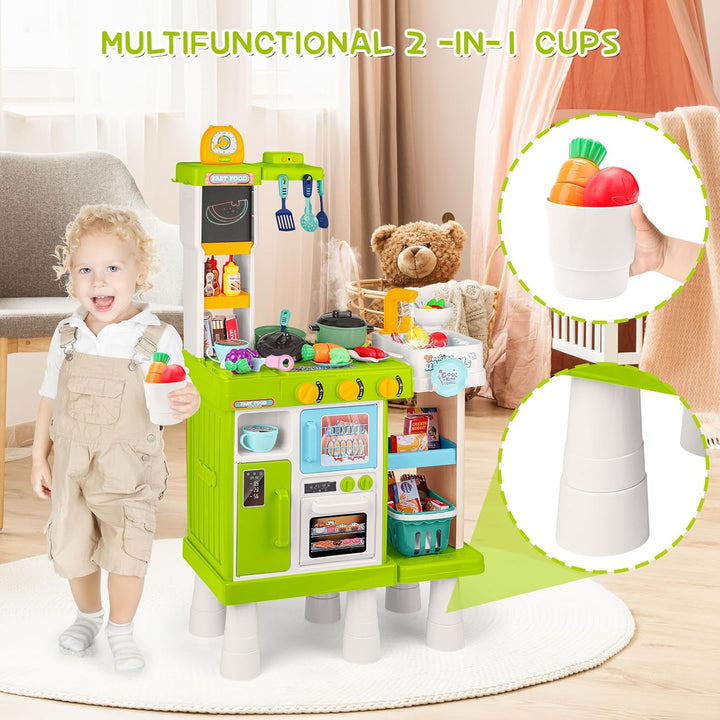deAO Kinderküche Spielküche mit Wasserfunktion & Dampf, 54 Stck. Höhenverstellbar Küchenspielset mit