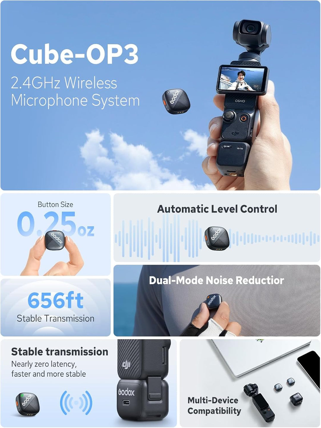 Godox Cube-OP3 Funk- Mikrofone, 48kHz/24bit Hi-Res Audio, Dual-Mode Rauschunterdrückung, 2.4G Wirele