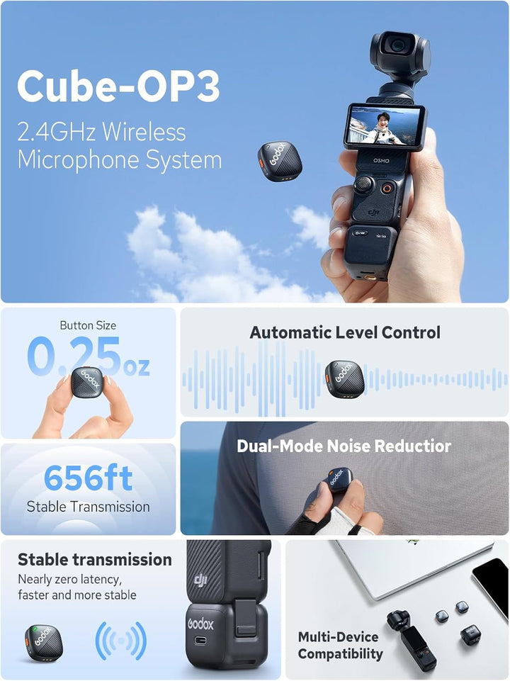 Godox Cube-OP3 Funk- Mikrofone, 48kHz/24bit Hi-Res Audio, Dual-Mode Rauschunterdrückung, 2.4G Wirele