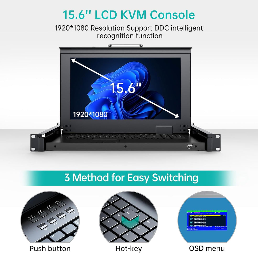 MT-VIKI 15,6'' LCD Monitor KVM Konsole VGA Integrierte Konsole 8 Port für 1U 600-800mm Server-Schran