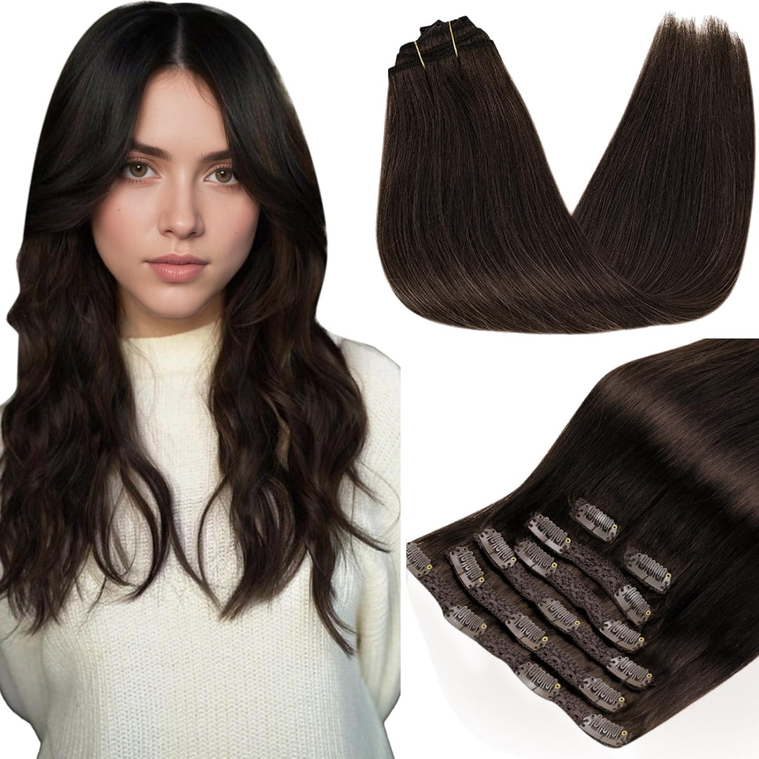 RUNATURE Extensions Echthaar Clip in Braun 7pcs Clip in Extensions Echthaar 45cm Dunkelbraun Echthaa