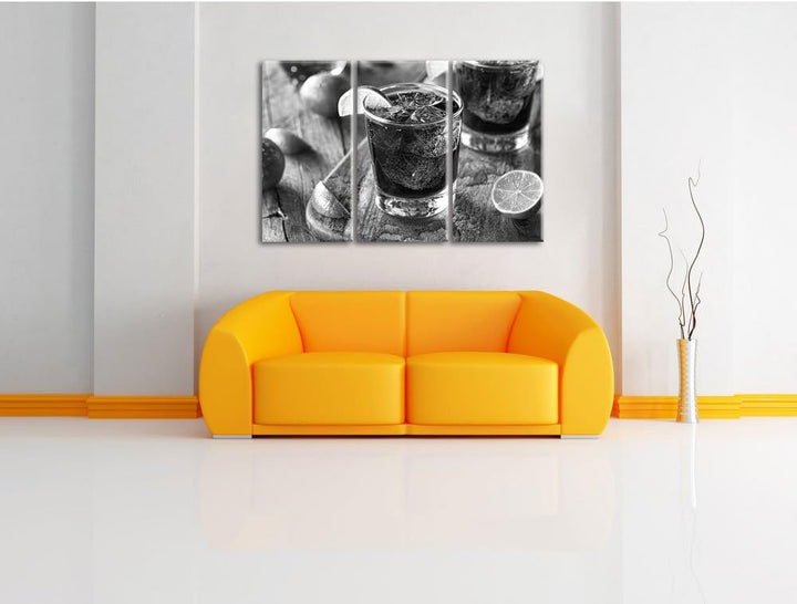 Pixxprint Erfrischender Cuba Libre Kunst B&W / 3-Teilig/Gesamtmass 120cm Leinwandbild bespannt auf H