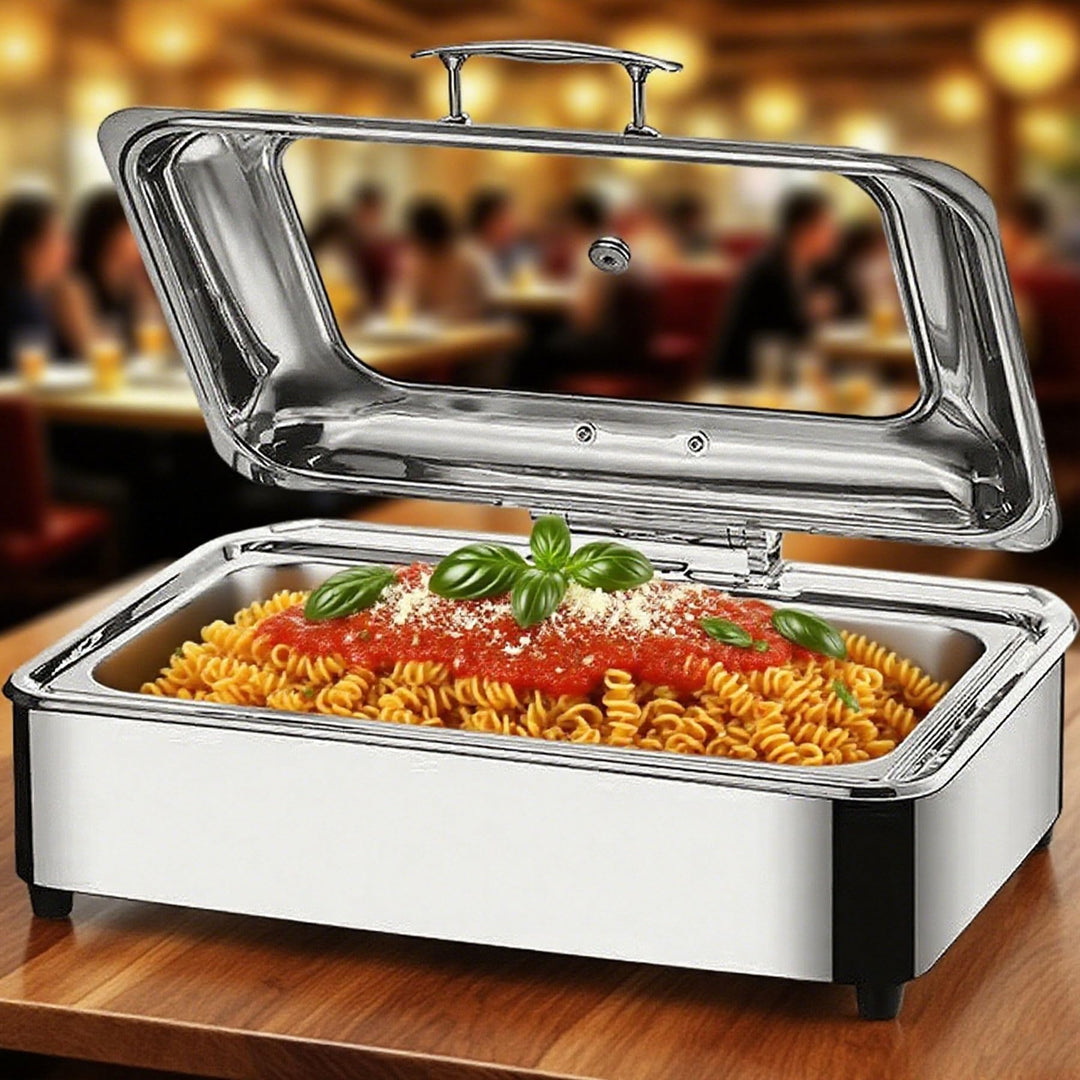 Chafing Dish Elektrisch, 9L Edelstahl Speisewärmer Buffetwärmer mit Sichtbarem Glasdeckel, Einstellb