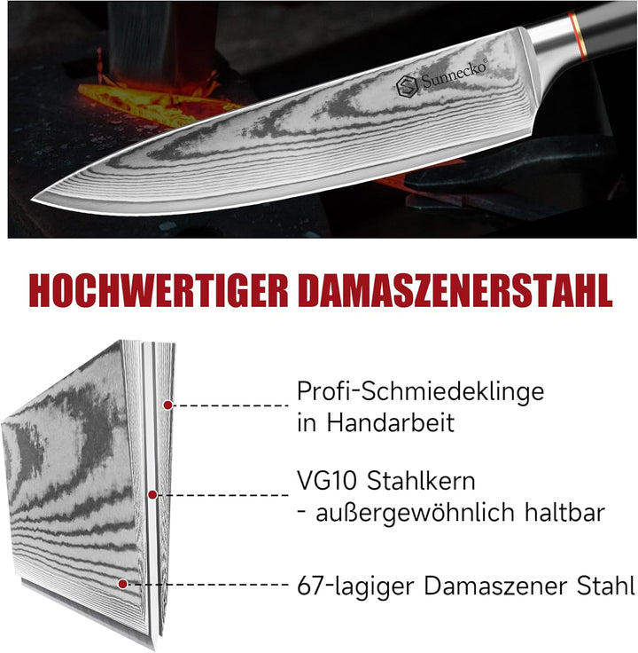 Sunnecko Damastmesser 20cm, Küchenmesser mit Scharfes Messer - Hochwertiges Damast Kochmesser für Pr