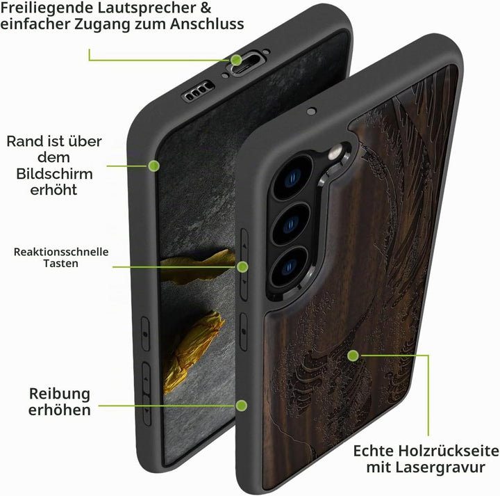 Carveit Hülle für Galaxy S23 Plus Case [Elegante Dunklesholz] [Weich TPU Stossstange] Stossfeste Han