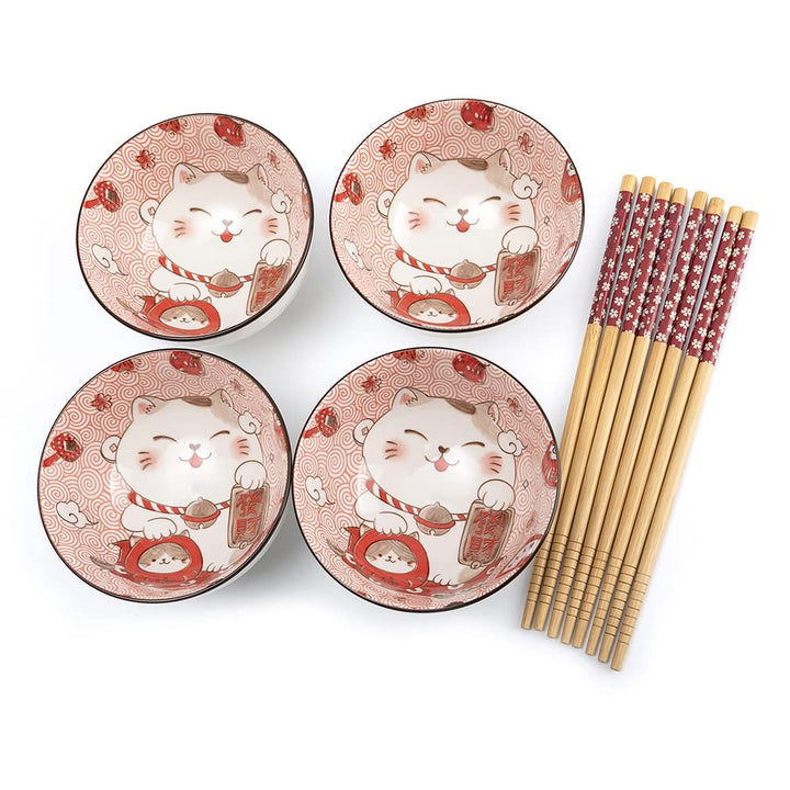 lachineuse - Set mit 4 Schalen Maneki Neko – Reisschale, Frühstück & Suppe – japanisches Geschirr au