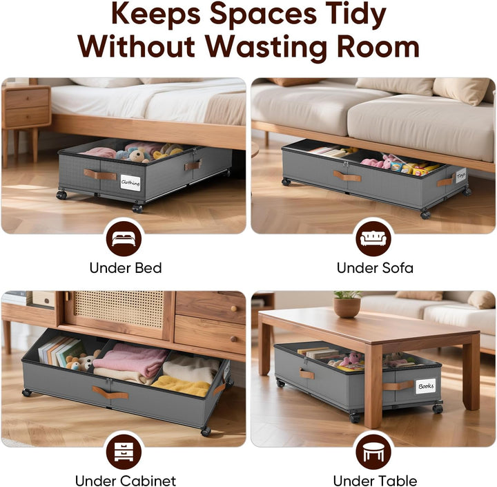 2 Stück Unterbettkommode mit Rollen, Unterbett Aufbewahrungsbox mit Deckel, 360° Drehung, Gross 48L