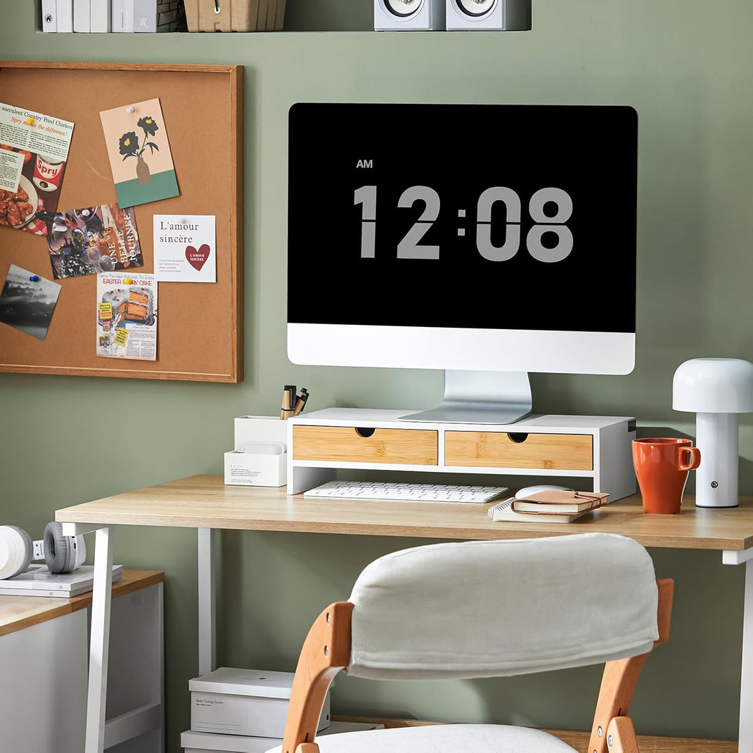 SoBuy Schreibtisch Organizer, Monitorständer mit 2 Schubladen, Monitorerhöhung für Schreibtisch, Mon