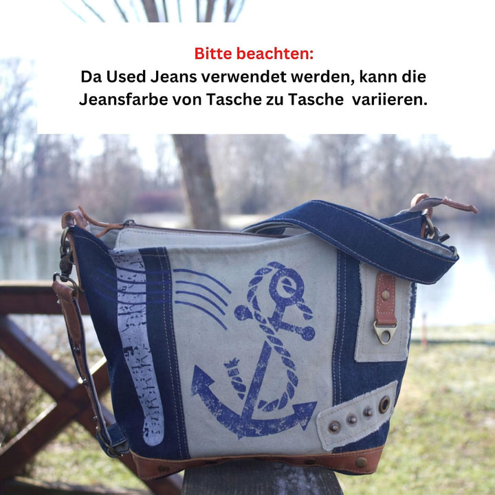 Sunsa Damen Tasche Umhängetasche. kleine Canvas Bag mit Recycelte Jeans und Leder. Vintage Design Ta