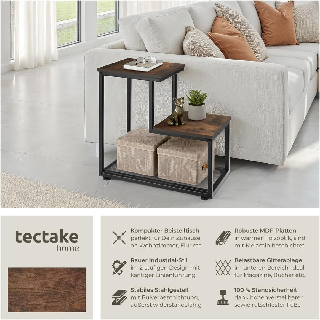 tectake Beistelltisch aus Holz und Metall, Industrial Design, Couchtisch mit 3 Ebenen, Gitterablage