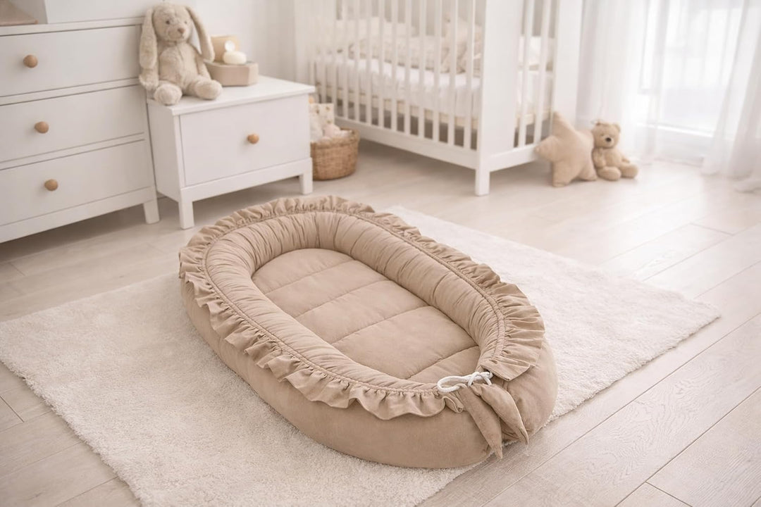 PIMKO Babynest mit rüschen Babynestchen für Baby Kuschelnest Babykokon für Säuglinge und Neugeborene