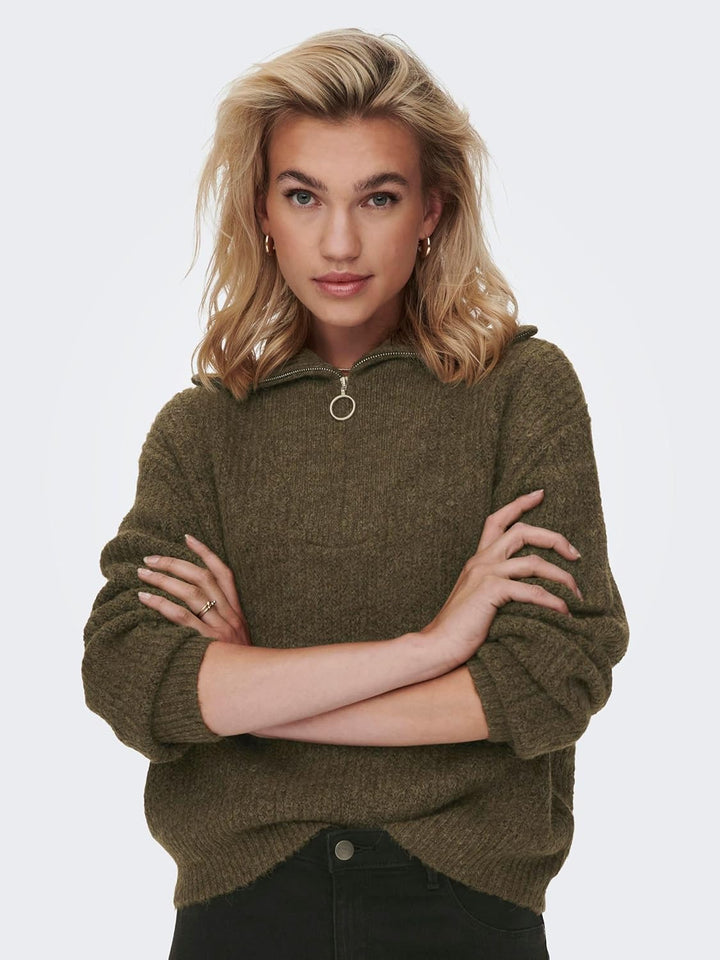 ONLY Damen Strickpullover mit Reissverschluss Stehkragen Knitted Sweater Half Zip Troyer ONLBAKER, C