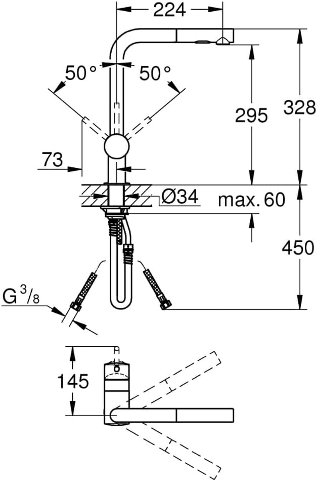 GROHE Minta - Einhand- Küchenarmatur (L-Auslauf, herausziehbare Dual-Spülbrause, 360° schwenkbar, kr