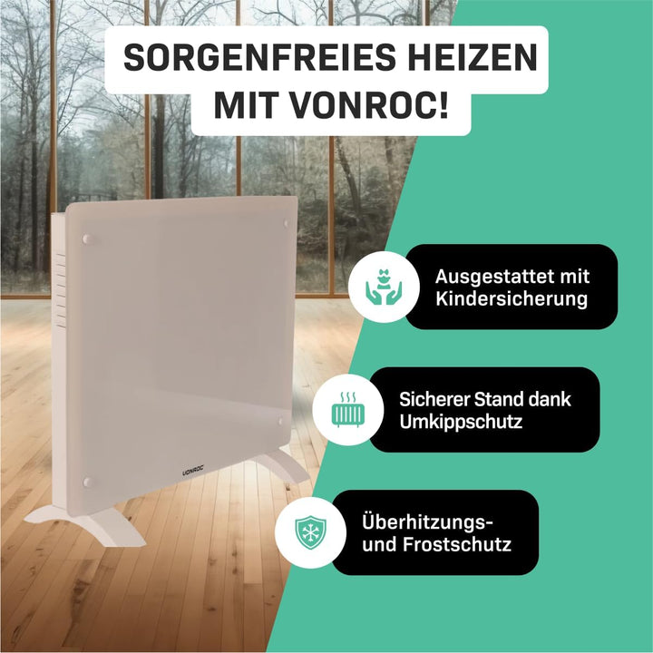 VONROC Elektroheizung energiesparend 1000W - Konvektor Heizung [12qm Räume] - Mobile Elektrische Hei