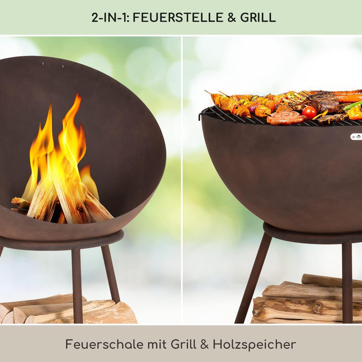Blumfeldt Feuerschale mit Grillrost, Outdoor Stahl-Feuerschale Gross für Balkon &amp; Camping, Mobile Fe