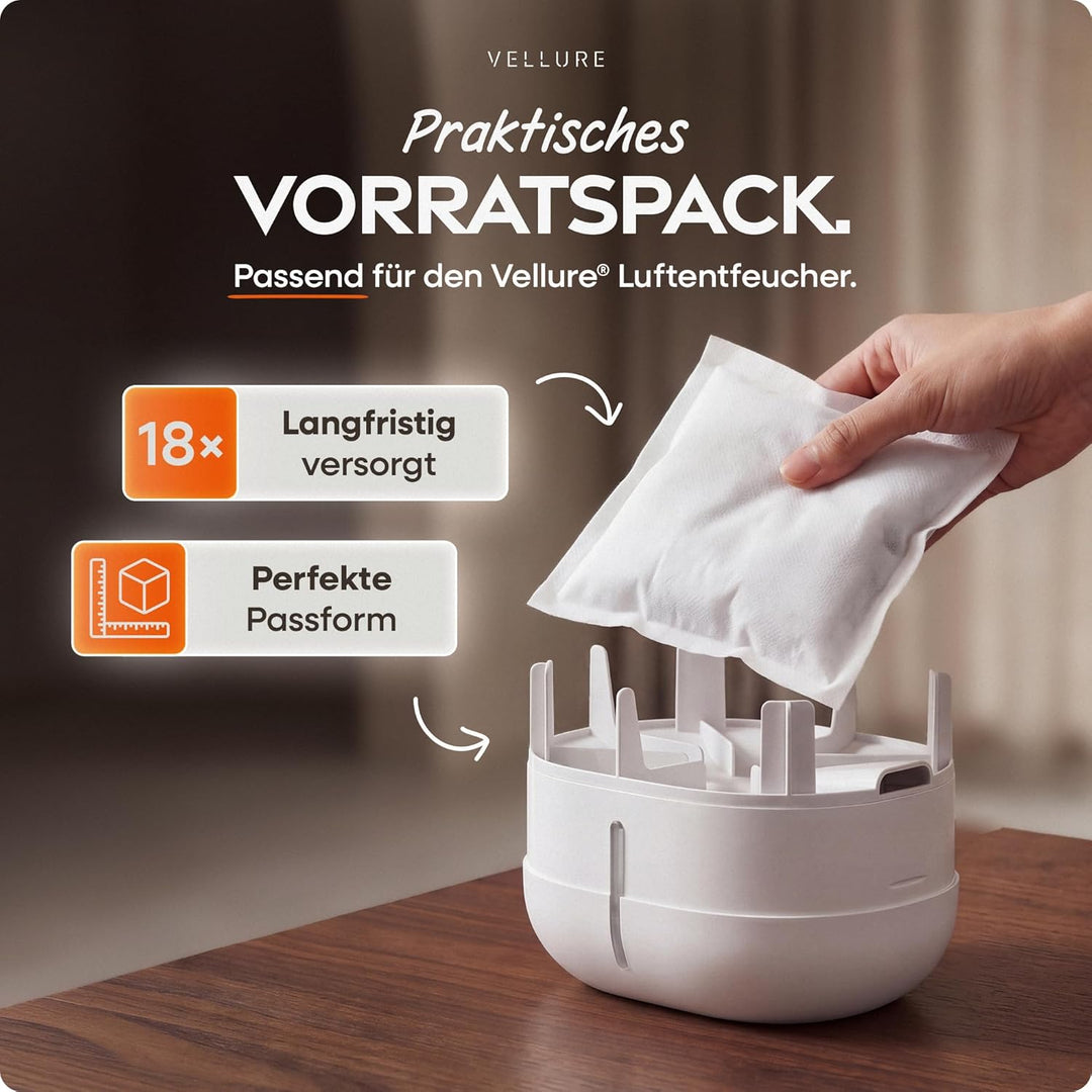 Vellure® 18x Luftentfeuchter Nachfüllpack 600g (Sparvorteils 5er Set Luftentfeuchter Granulat) I Ent
