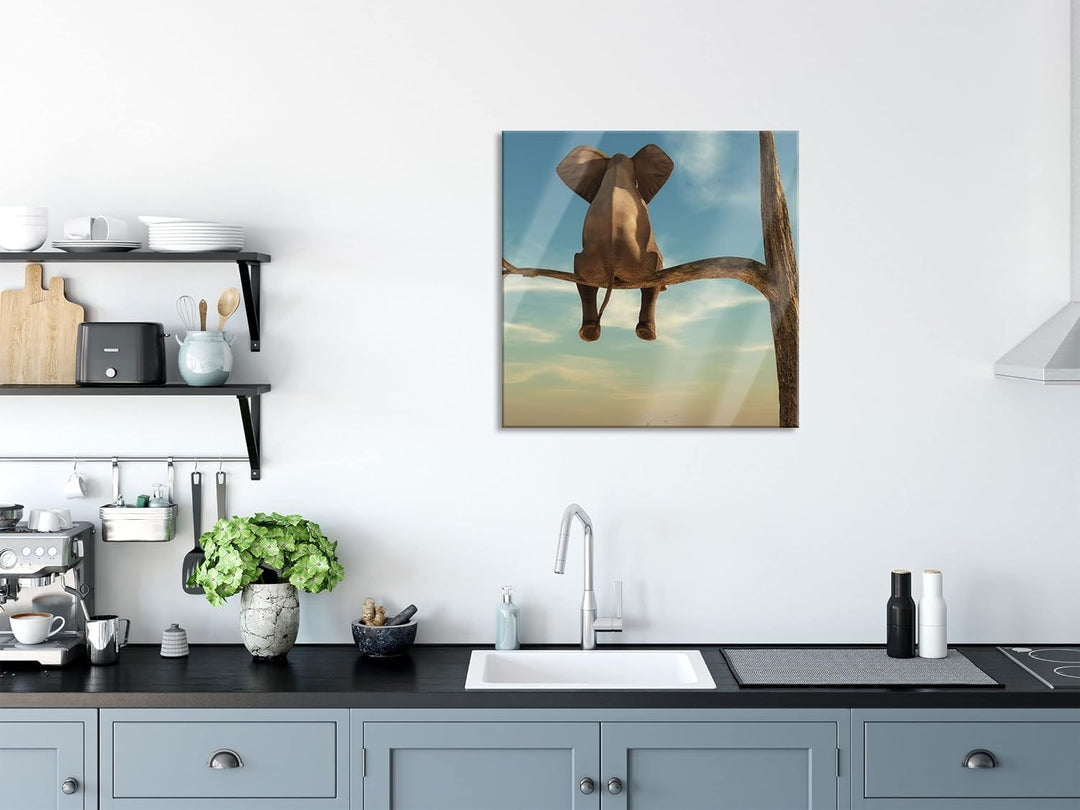 Pixxprint Glasbild | Wandbild auf Echtglas | Elefant auf einem Ast in der Wüste | 80x80 cm | inkl. A
