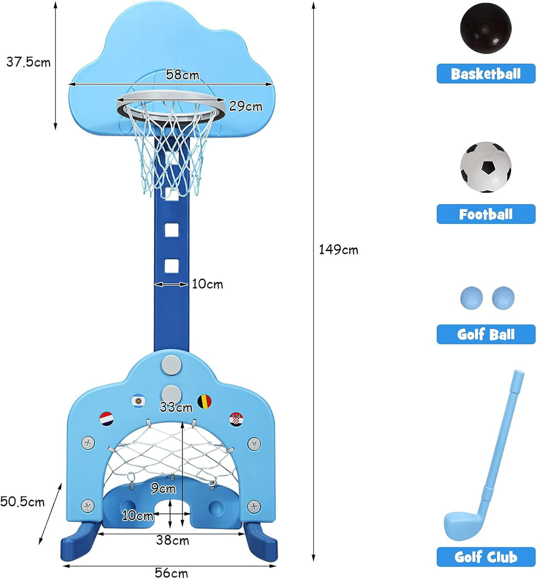 HOMASIS 3 in 1 Kinder Basketballkorb Set, multifunktional Basketballständer mit Fussballtor & Golf i