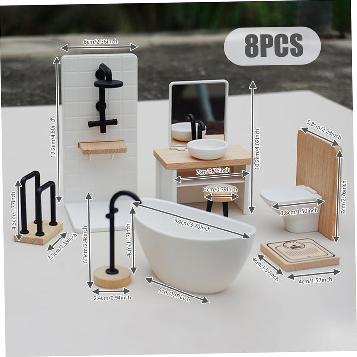 Puppenhaus-Badezimmer-Set, 8-teilig, 1:12, realistische Miniatur-Puppenhaus-Toilette aus Holz, dekor