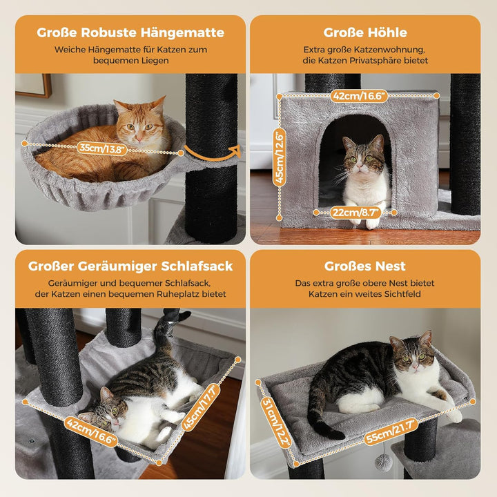 PAWZ Road Kratzbaum Grosse Katzen stabil mit Mehreren Ebenen, Hängematte, 13 Sisalpfosten(φ11cm), Gr