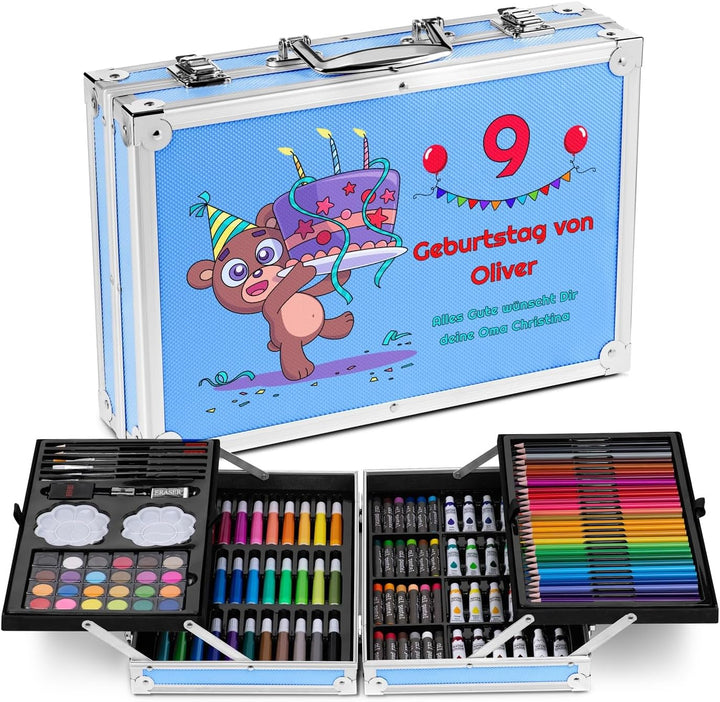 Maverton personalisiertes Kunstset für Kinder - 118-teilig Malkoffer - Buntstifte Koffer Set - Gesch
