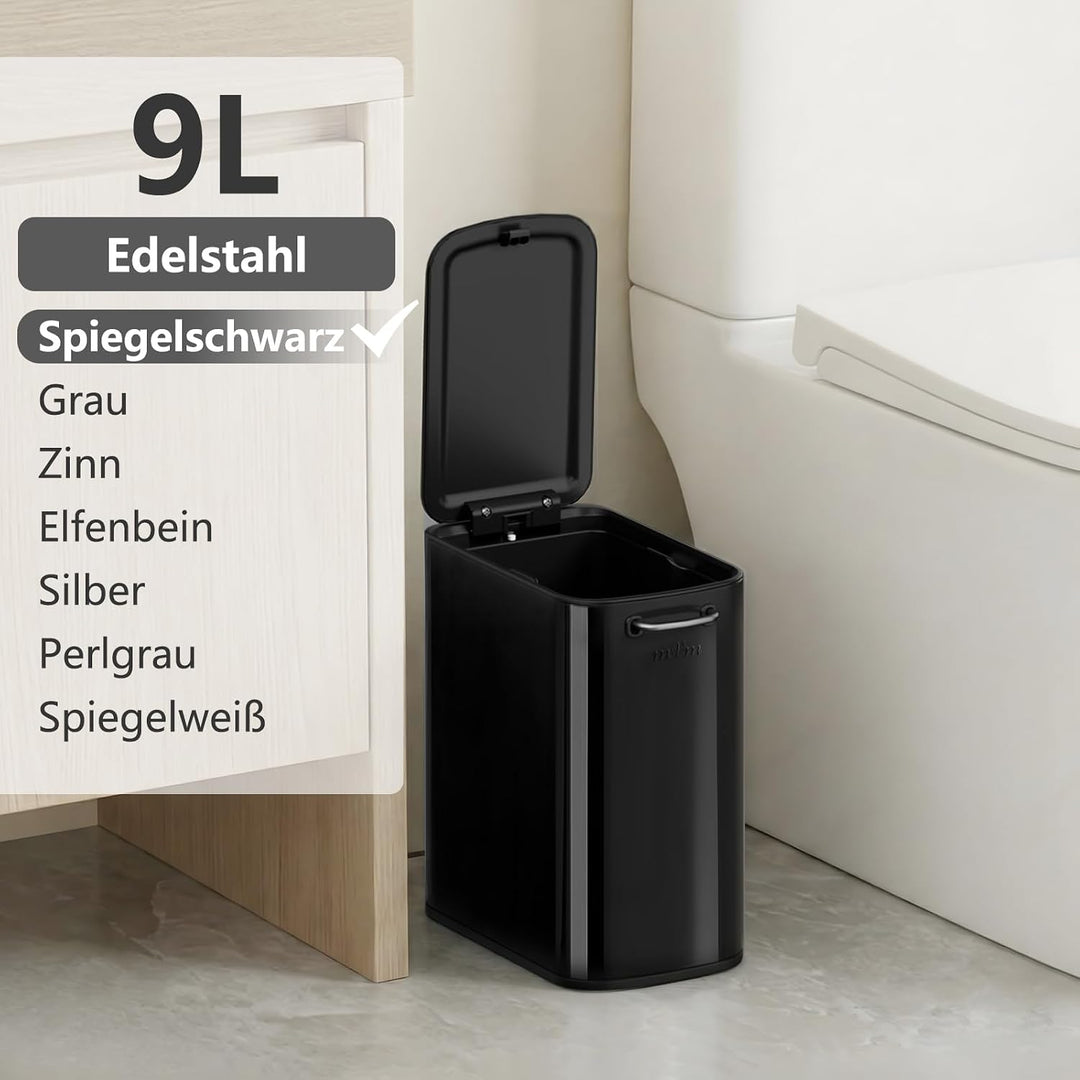 mVm Mülleimer Bad 9L, Abfalleimer Edelstahl, Handbetätigter, Schwarz | Soft-Close, Herausnehmbarem I