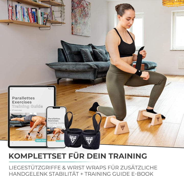 PULLUP & DIP Liegestützgriffe Handstandgriffe mit rundem Holz Griff und hochbelastbarem Stahl - ruts