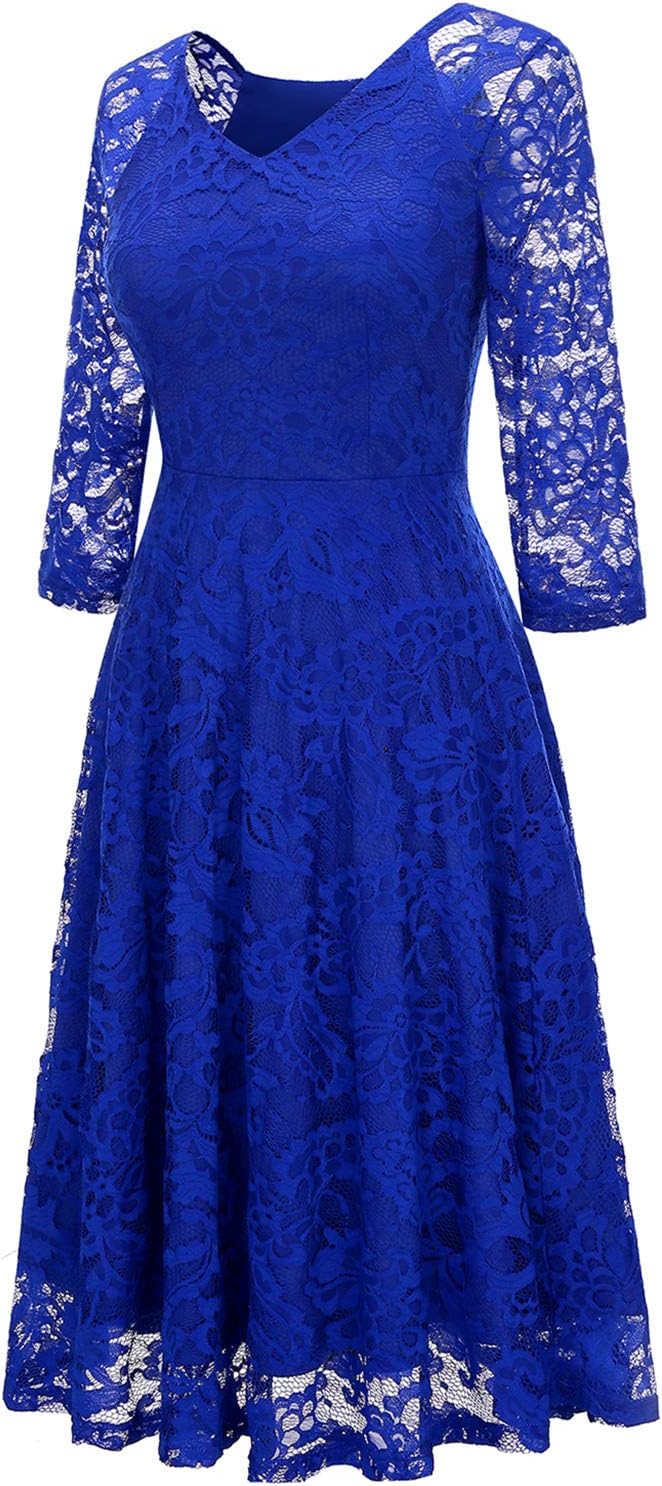 Dressystar Damen Elegant Spitzenkleid V-Ausschnitt Cocktailkleid Hochzeit Midi Abendkleider M Royalb