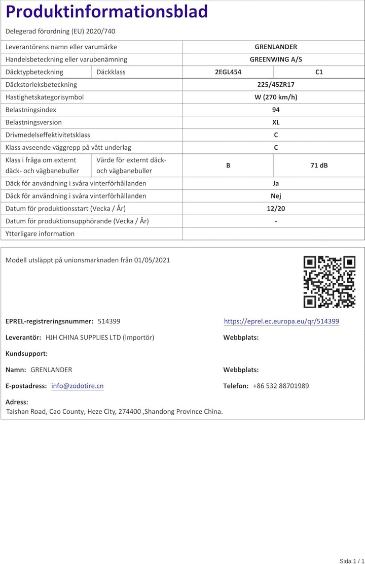Grenlander Greenwing AS 3PMSF 225/45 R17 94W Ganzjahresreifen GTAM T275231 ohne Felge