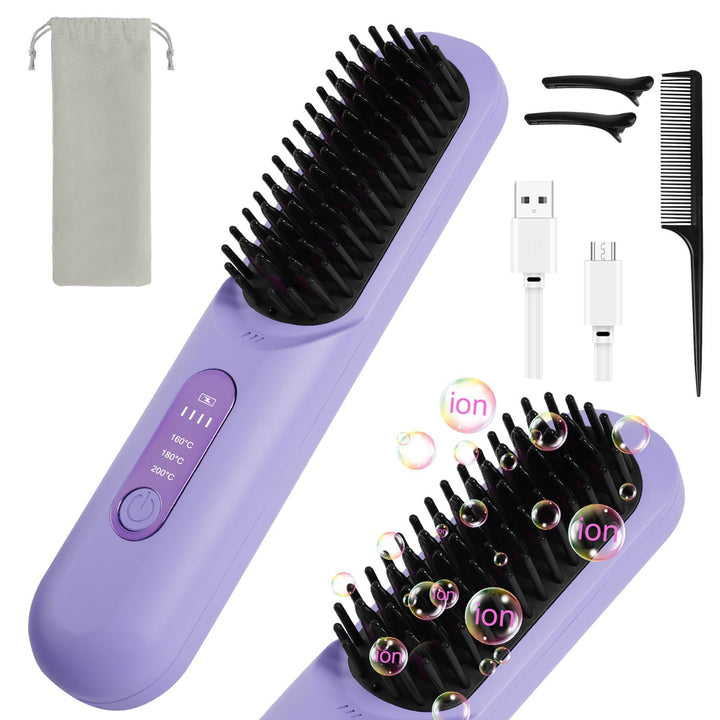 LOPHE Mini Haarglätterbürste, Glättbürste Kabellos, Hair Straightener Comb mit LCD-Bildschirm 3-Stuf