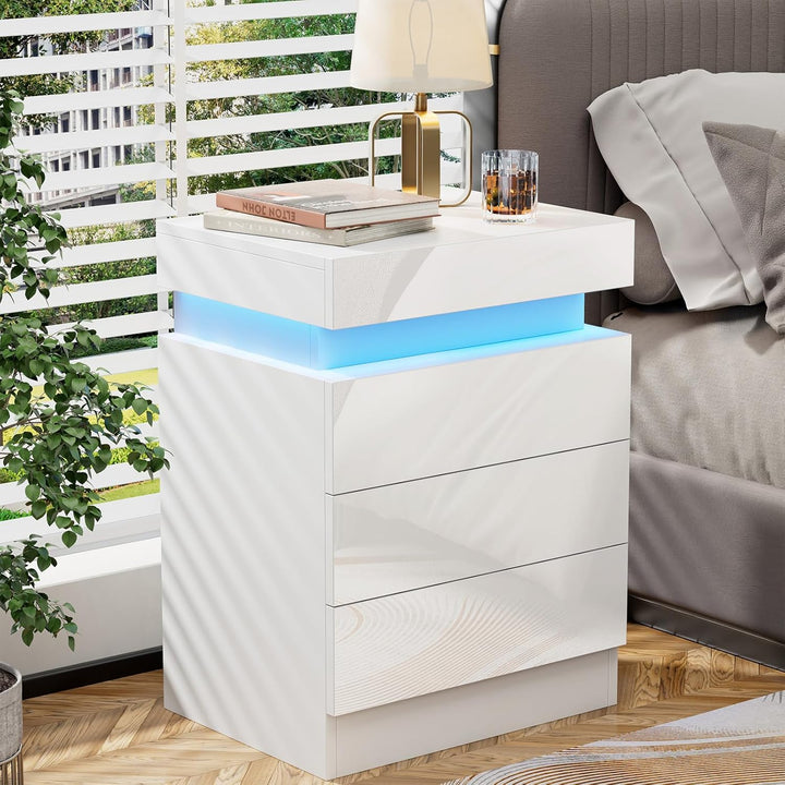 PIPIPOXER Nachttisch 2er Set mit LED, Hochglanz Nachtschrank mit 3 Schubladen und Versteckte Obere S