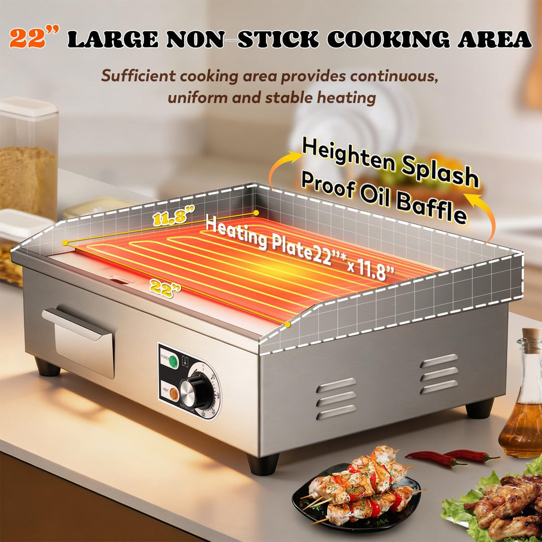 Moongiantgo 22" Kommerzielle Elektrische Grillplatte 3000W, Edelstahl Flachgrill mit abnehmbarer Ölb