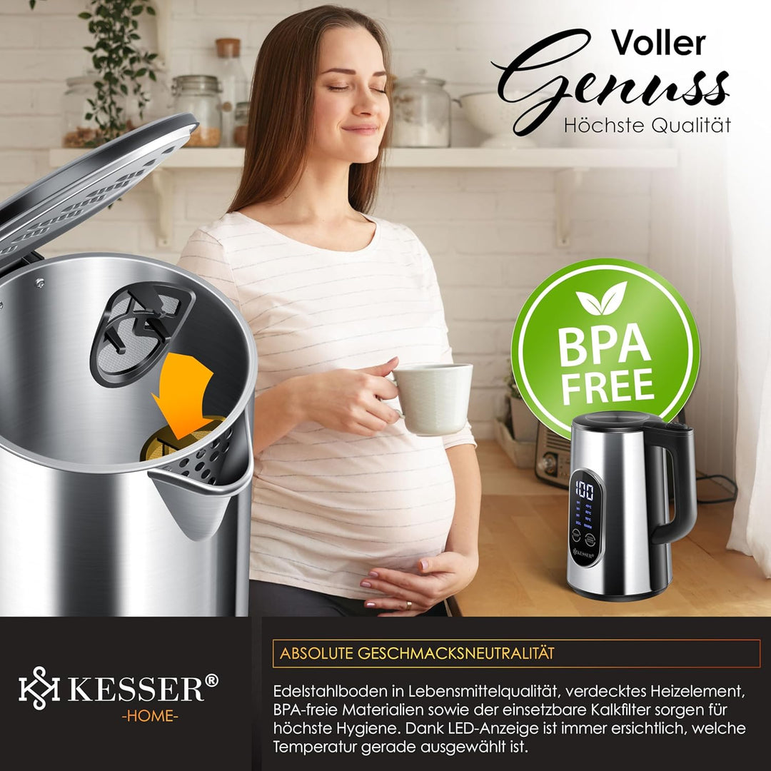 KESSER® Wasserkocher Edelstahl 1.5 Liter | LED-Anzeige | 4-Modi Temperatureinstellung 40°C-100°C | 3