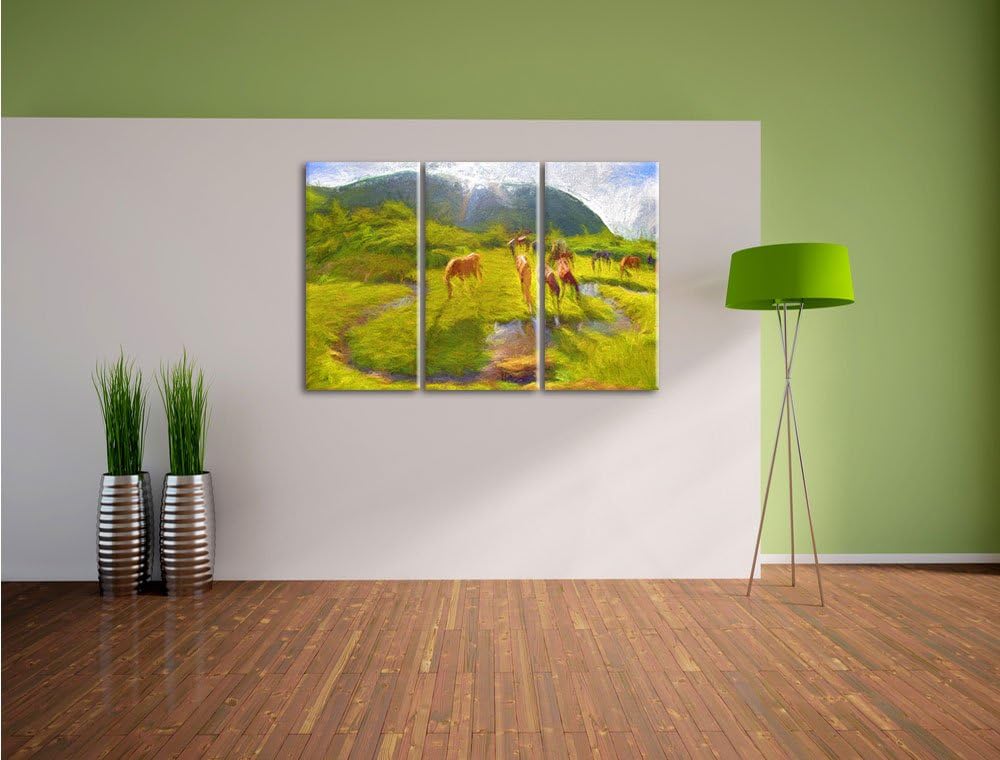 Pixxprint Wildpferde auf Wiese als Leinwandbild/Grösse: 3 Teilig (120x80) cm/Wandbild/Kunstdruck/fer