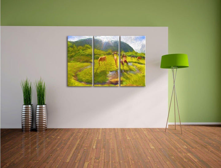 Pixxprint Wildpferde auf Wiese als Leinwandbild/Grösse: 3 Teilig (120x80) cm/Wandbild/Kunstdruck/fer