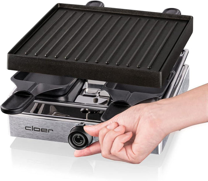 Cloer 6454 Raclettegrill mit Aluminium-Druckguss Platte, 750 W, 4 antihaftbeschichtete Raclettepfänn