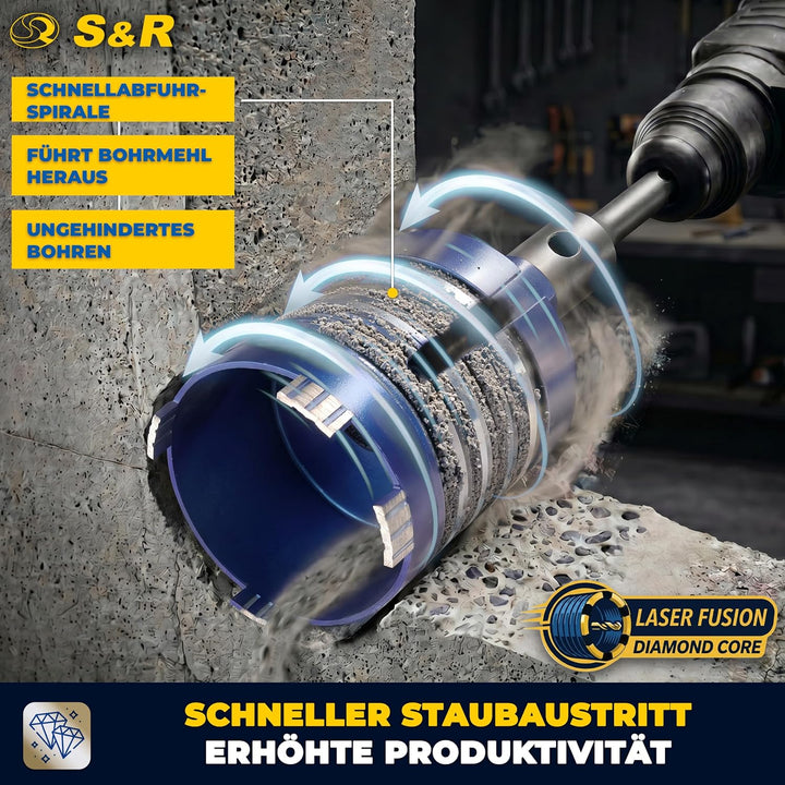 S&R Diamantbohrkrone - SET 82mm, Dosensenker, Kernbohrkrone, Segmenthöhe 10mm, mit Zentrierbohrer 8x