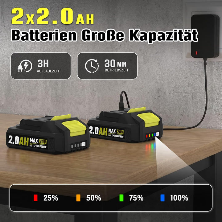 Akku Rasentrimmer,Elektro Rasentrimmer mit 2 X 2.0Ah Akkus und Ladegerätn,Schnittbreite 300mm Freisc