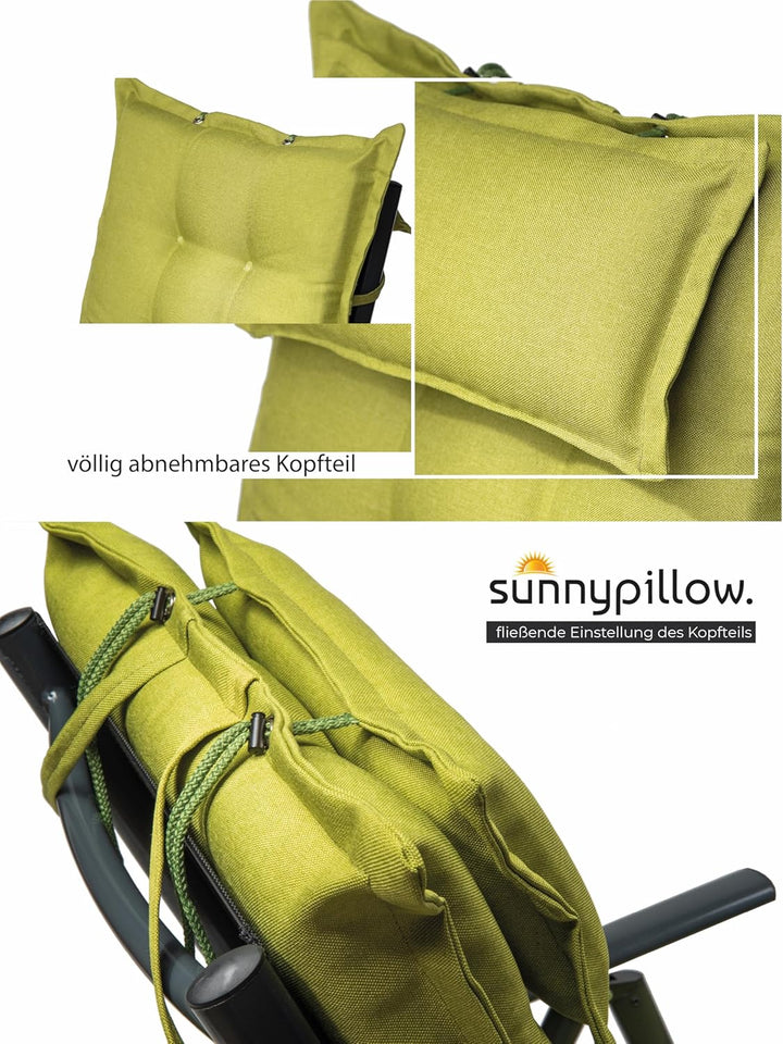 sunnypillow 6 Stück Gartenstuhlauflagen mit abnehmbarem Kopfpolster - 120 x 50 x 9cm - Stuhlauflagen