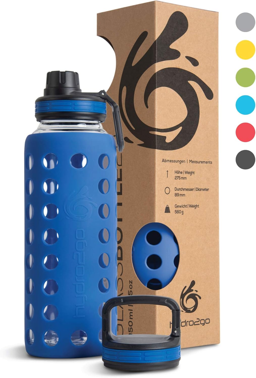 hydro2go® Trinkflasche aus Glas mit Silikonhülle 950 ml - spülmaschinenfest | 2 auswechselbare Decke