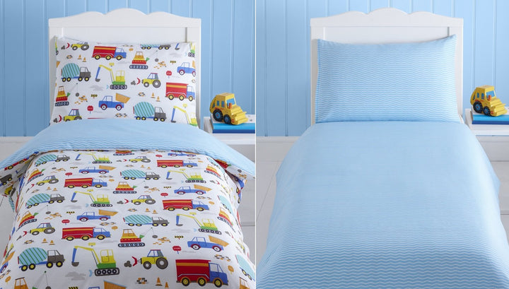 Kidz Club Bright Trucks Junior Bettbezug und Kissenbezug-Set, Wende-Steppdecke, Bagger, Polyester-Ba