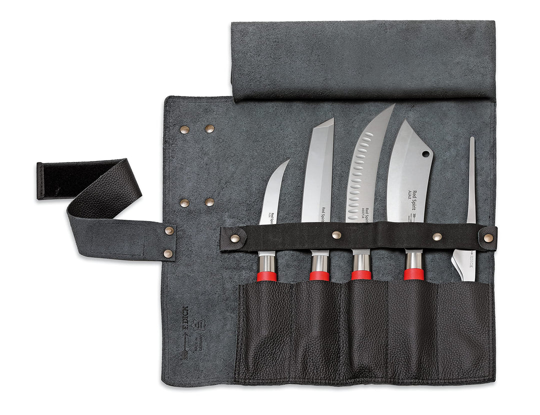 F.DICK Leder-Rolltasche Red Spirit (5-teilig, schwarz, Inhalt: Ausbeinmesser, Tanto, Zerlegemesser,