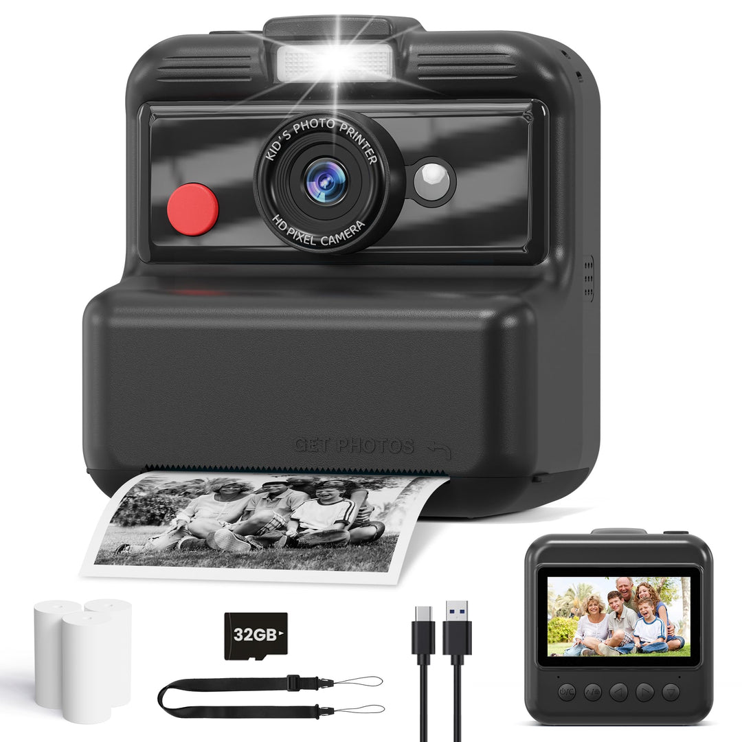 CAMCLID Sofortbildkamera Kinder, 3,0 Zoll Bildschirm, 48MP Kamera 2,5K Schwarz, 2,5K Schwarz