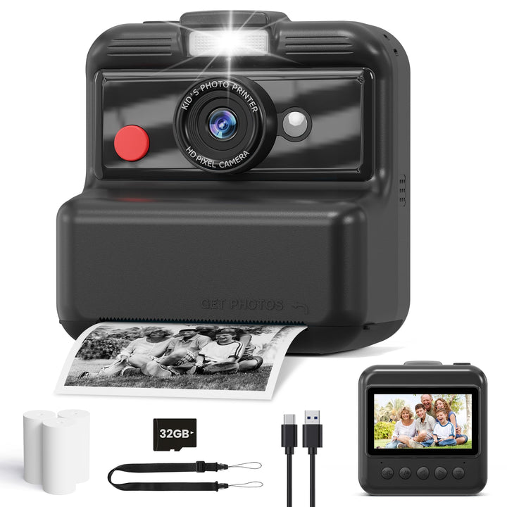 CAMCLID Sofortbildkamera Kinder, 3,0 Zoll Bildschirm, 48MP Kamera 2,5K Schwarz, 2,5K Schwarz