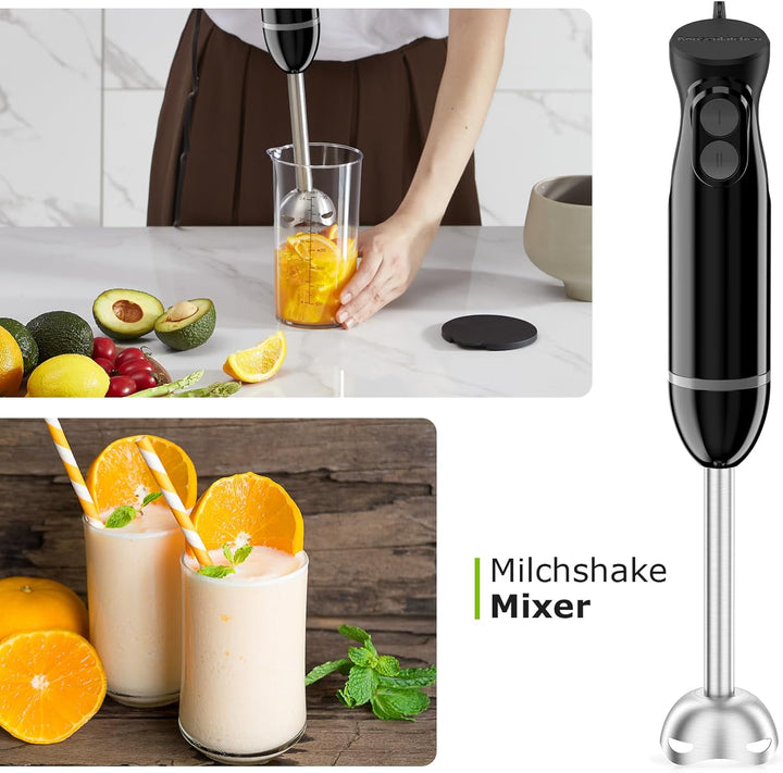 Bonsenkitchen 3 in 1 Elektrischer Stabmixer, 1000W Pürierstab mit Schneebesen/Messbecher, Stufenlose